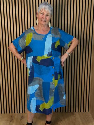 Abstract Print Cotton Dress - Blue