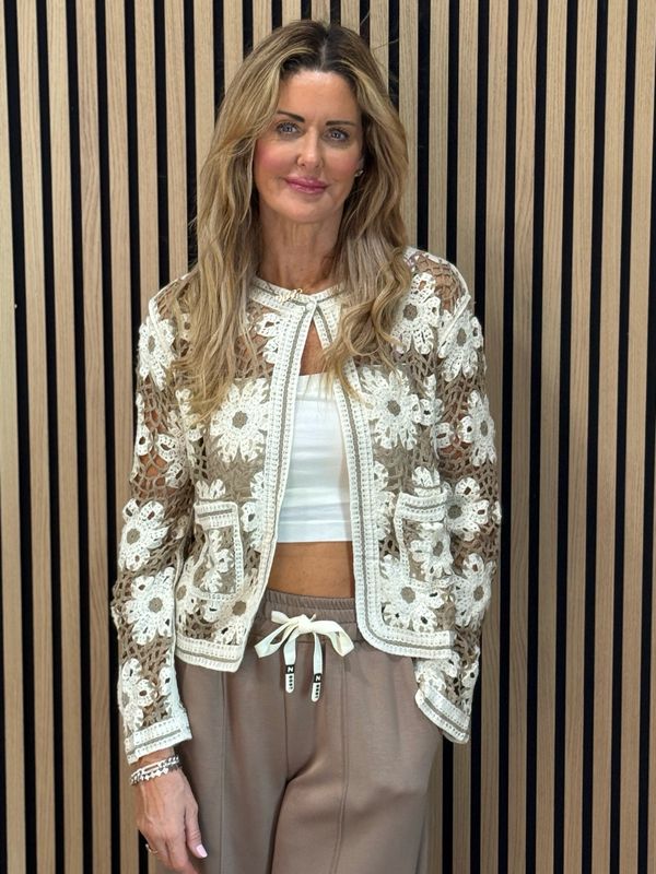 Floral Crochet Cardigan Taupe/Cream