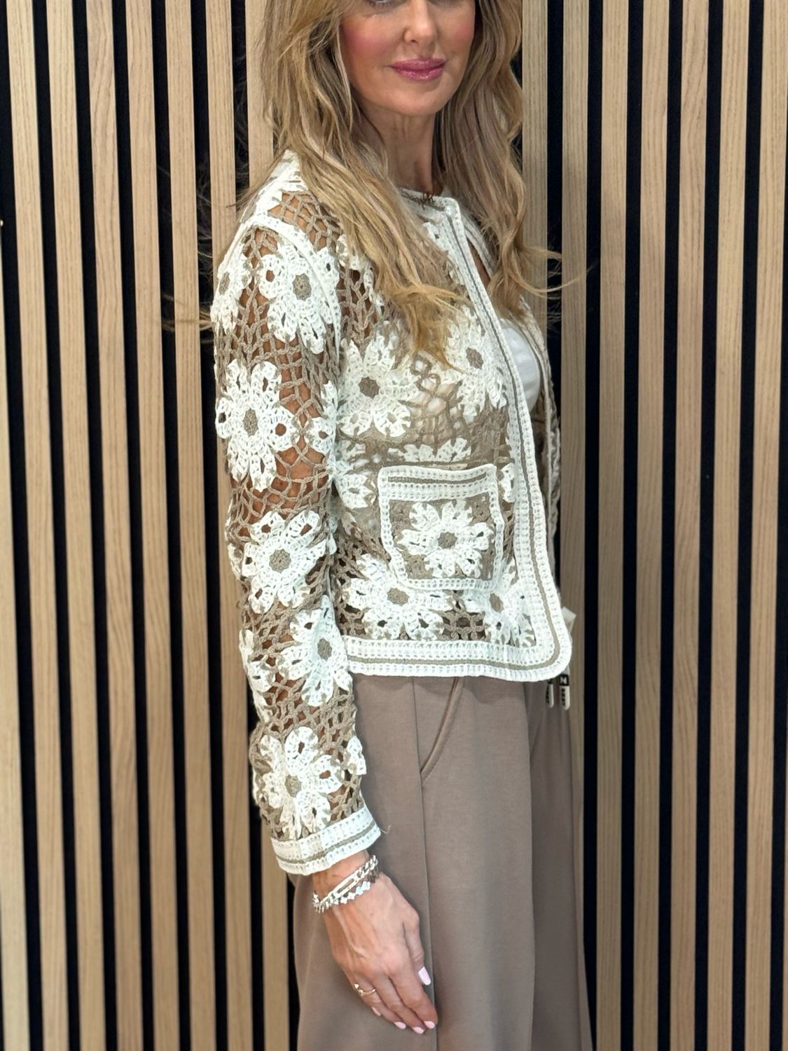 Floral Crochet Cardigan Taupe/Cream