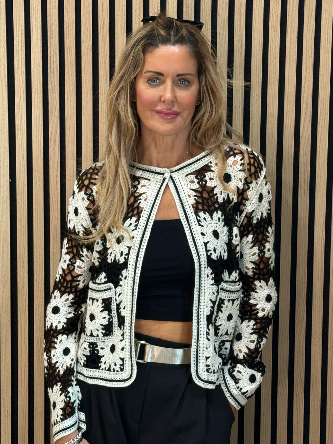 Floral Crochet Cardigan- Black/White