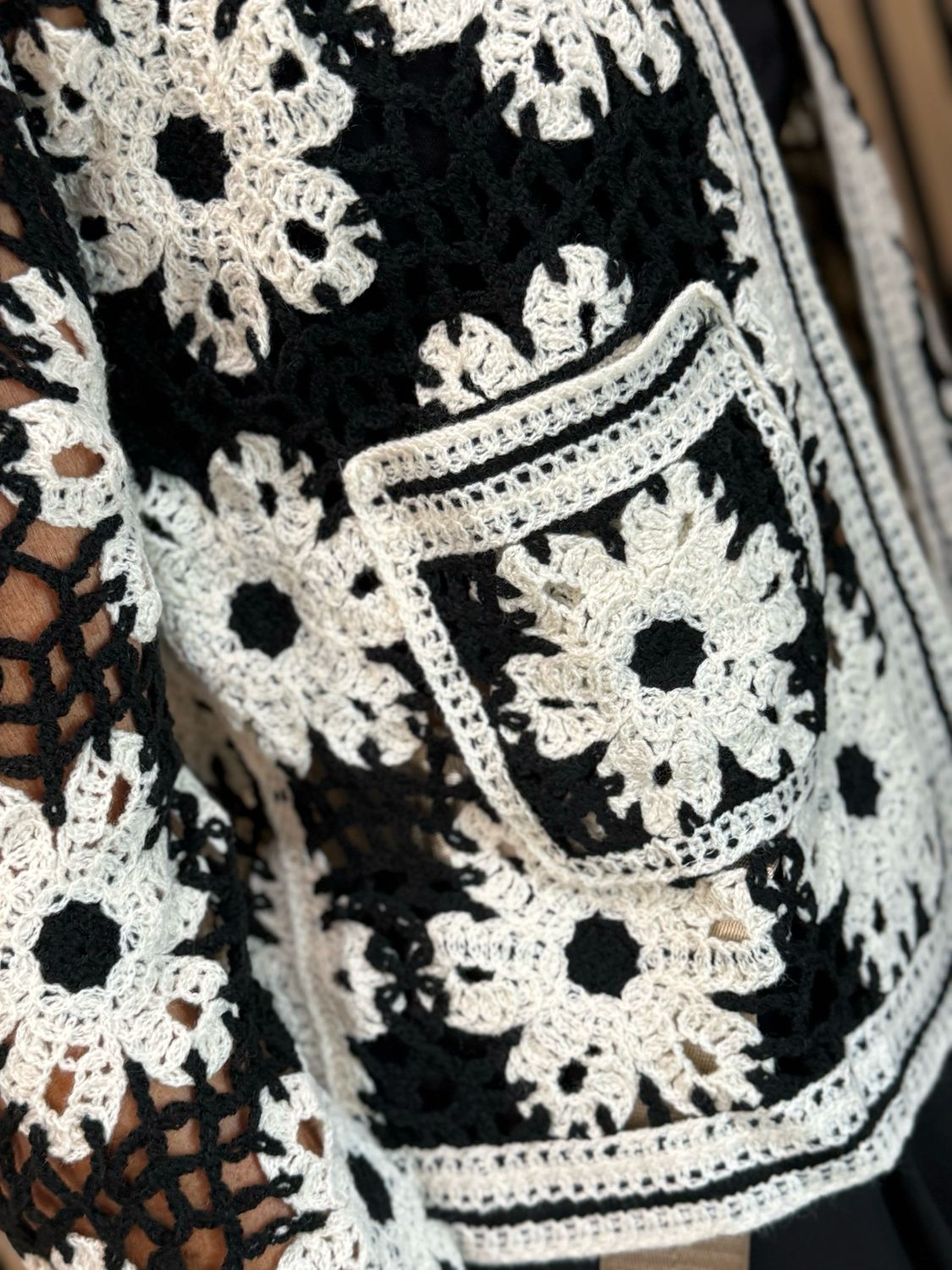 Floral Crochet Cardigan- Black/White