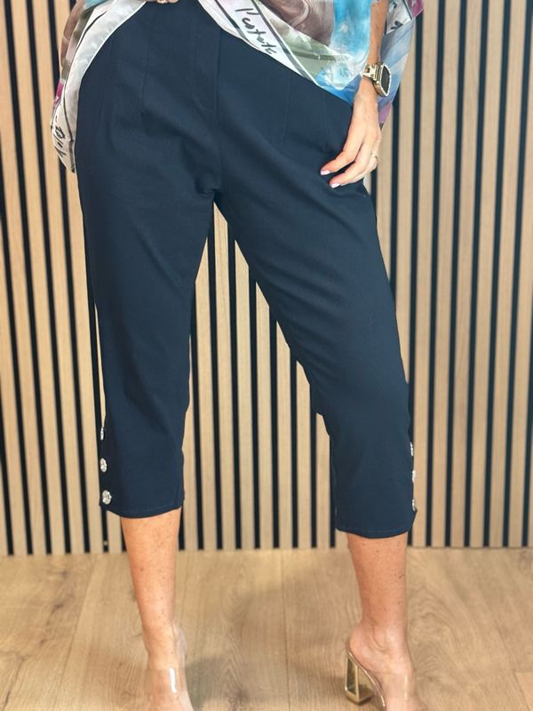 Button Detail Cropped Trousers - Navy