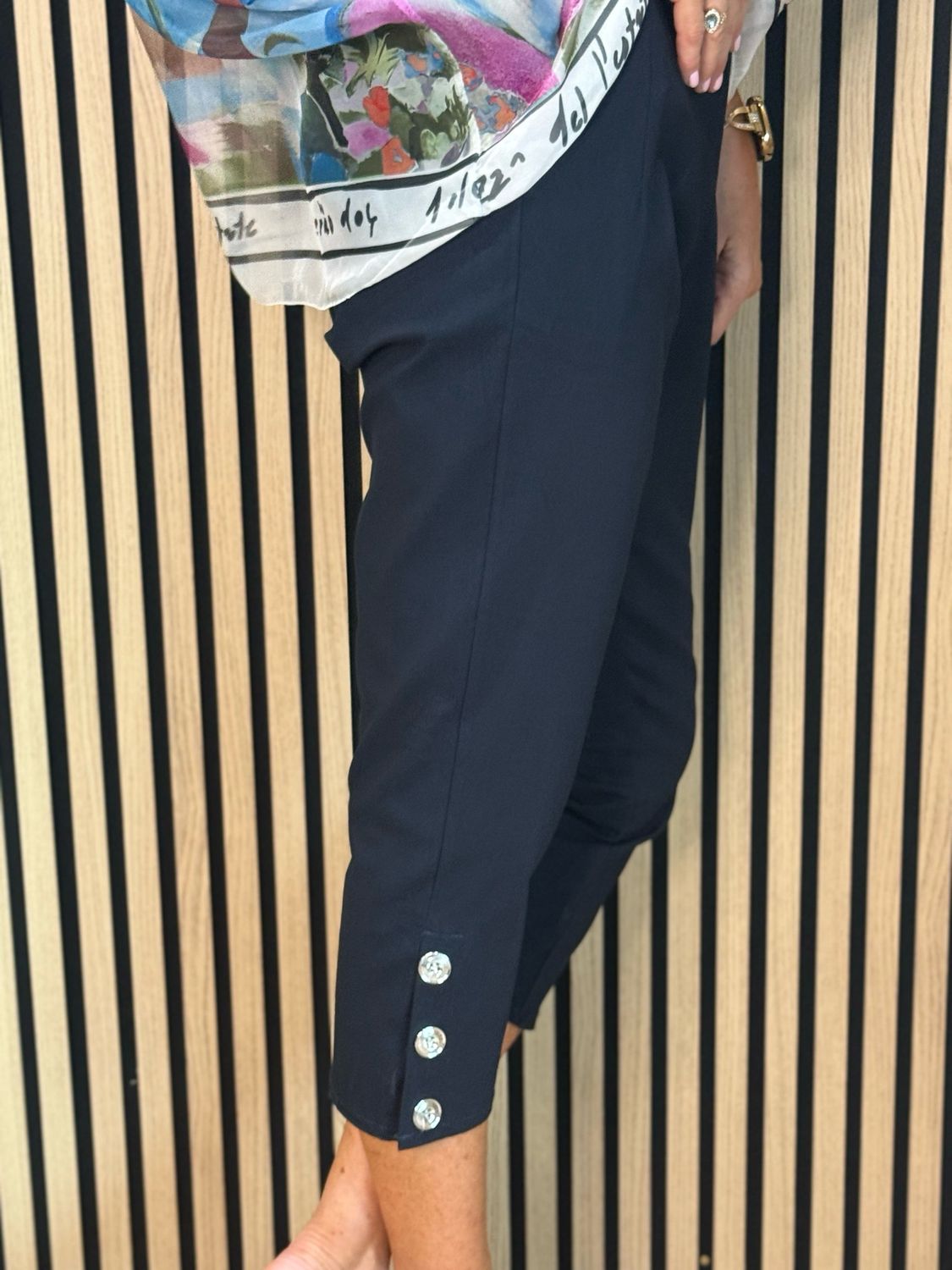 Button Detail Cropped Trousers - Navy