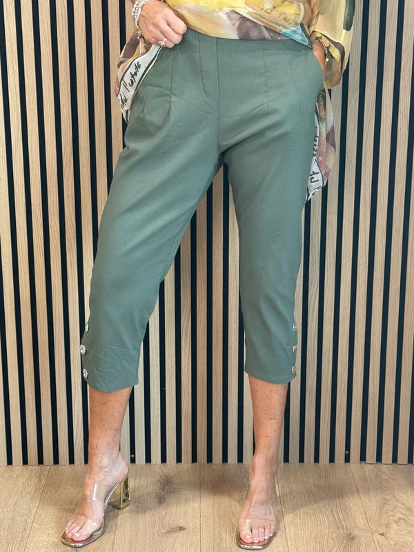 Button Detail Cropped Trousers - Khaki