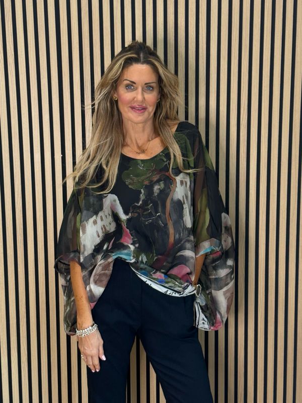 Cote D Azur Printed Oversized Top - Black