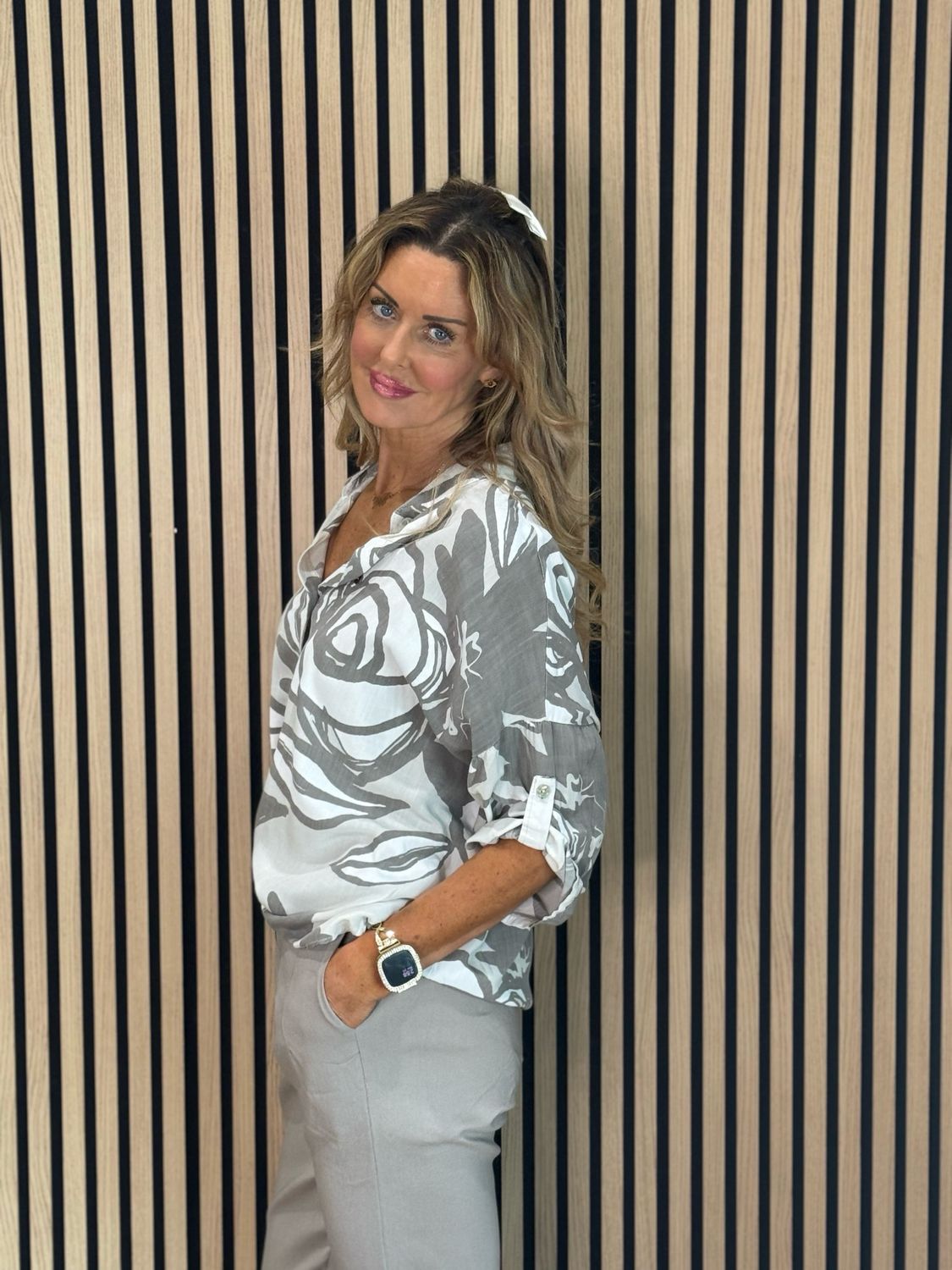 Abstract Print Cotton Shirt - Taupe