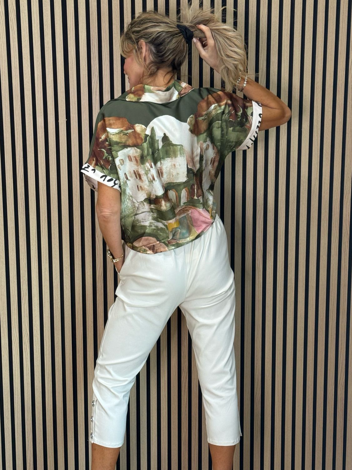 Abstract Print Tie-Front Top - Khaki