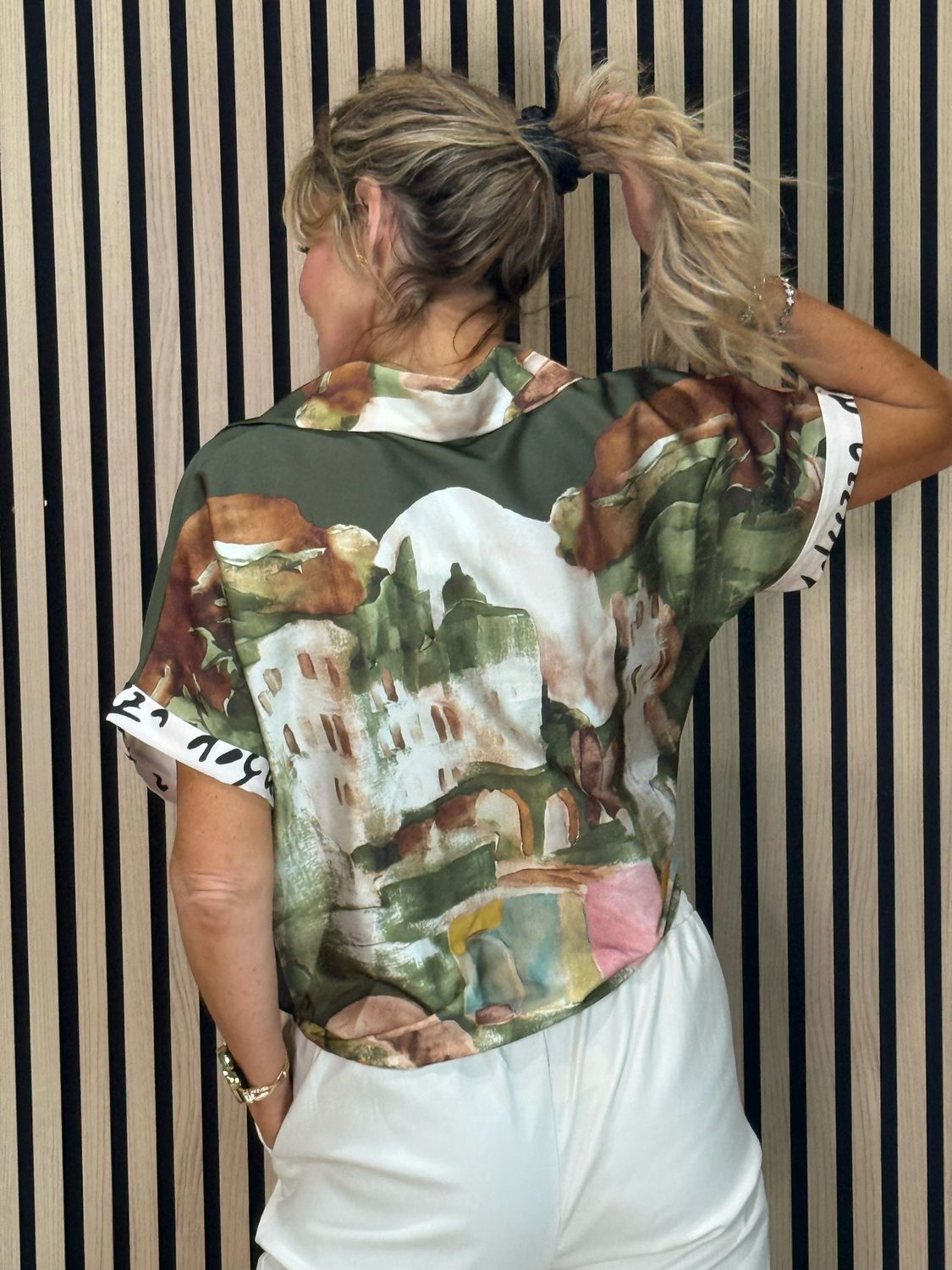 Abstract Print Tie-Front Top - Khaki