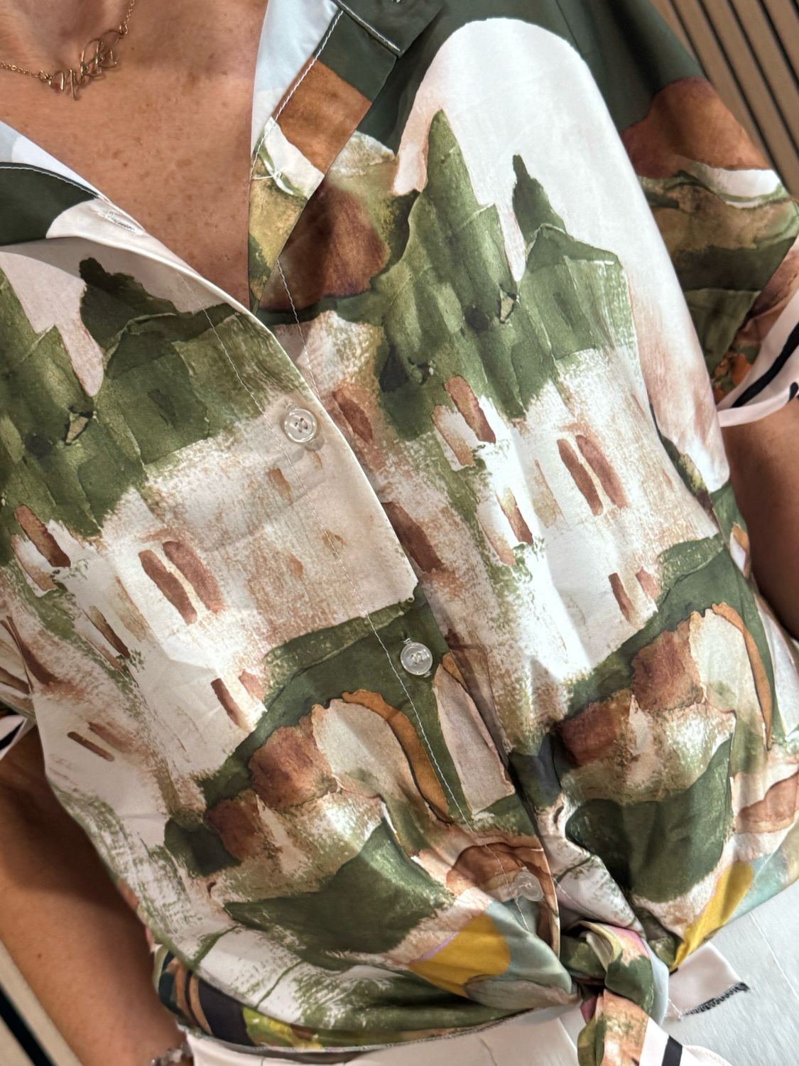 Abstract Print Tie-Front Top - Khaki