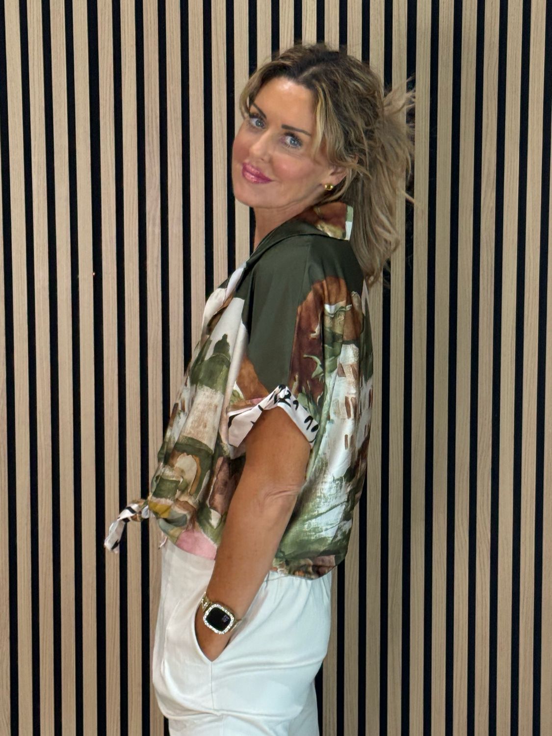 Abstract Print Tie-Front Top - Khaki