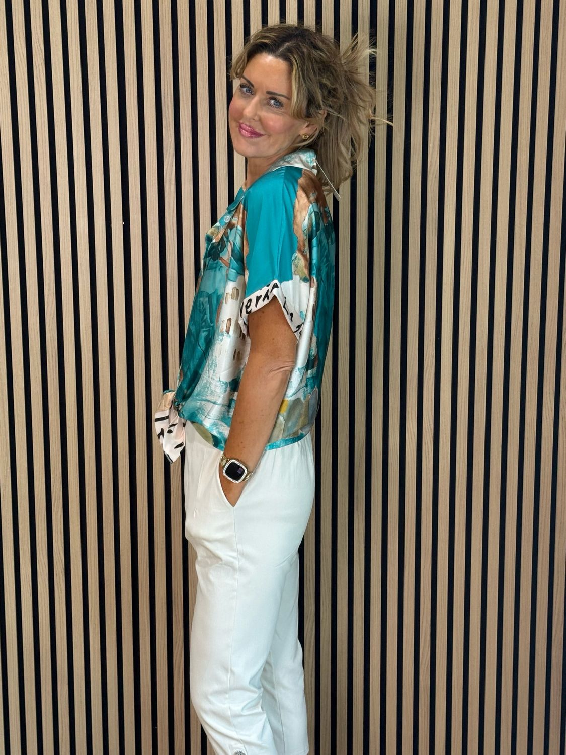 Abstract Print Tie-Front Top - Turquoise