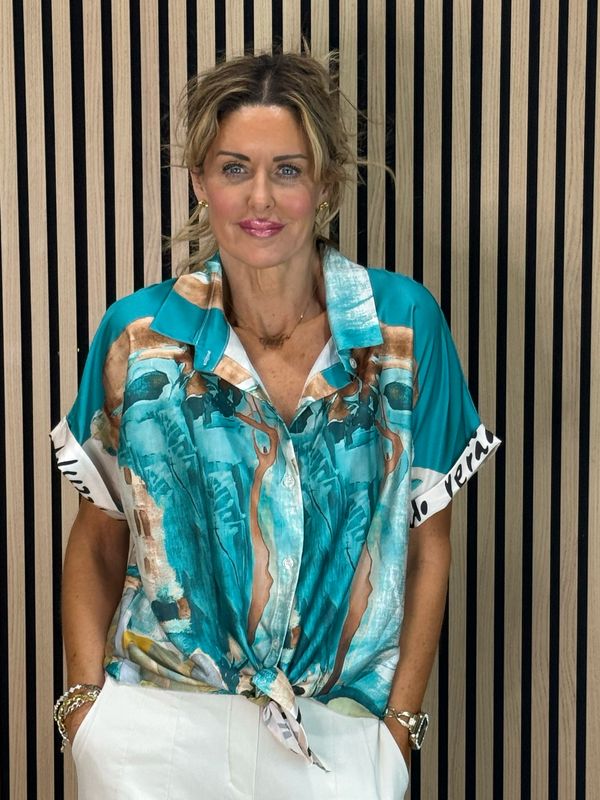 Abstract Print Tie-Front Top - Turquoise