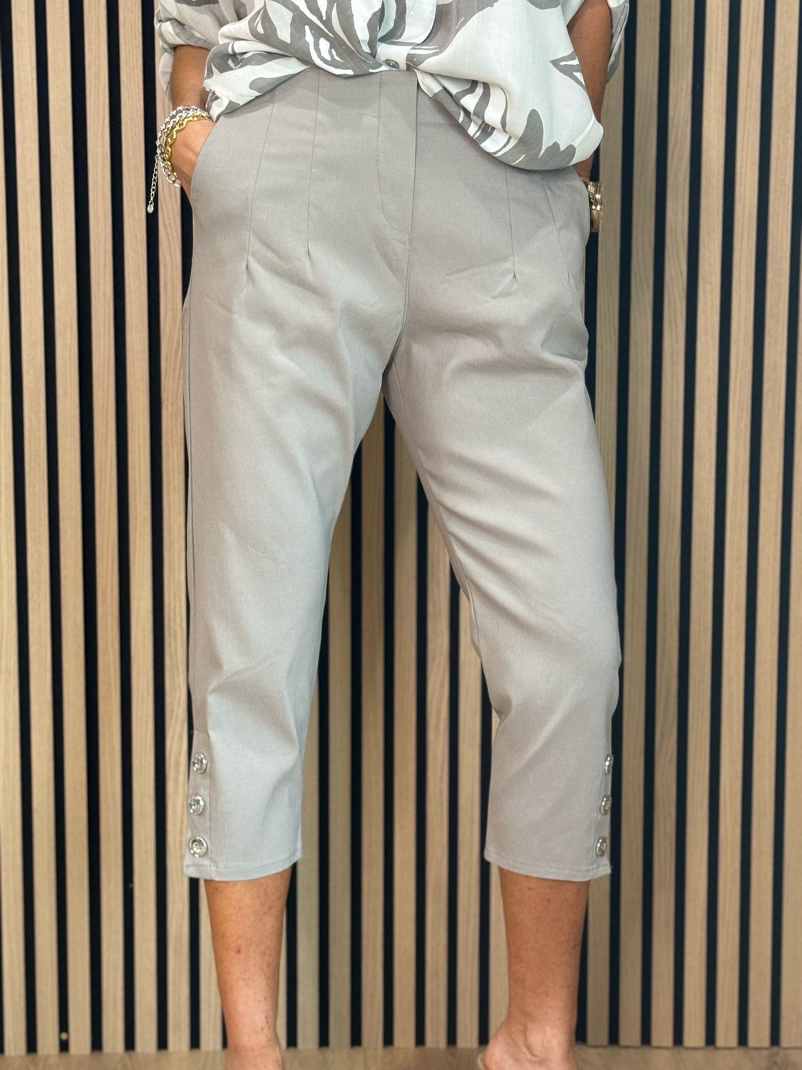 Button Detail Cropped Trousers - Stone