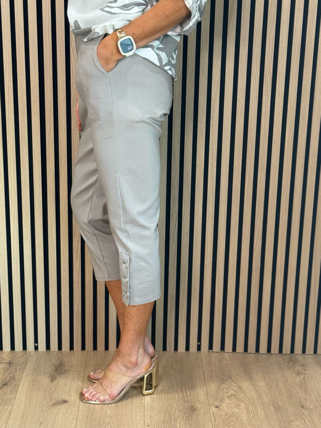 Button Detail Cropped Trousers - Stone