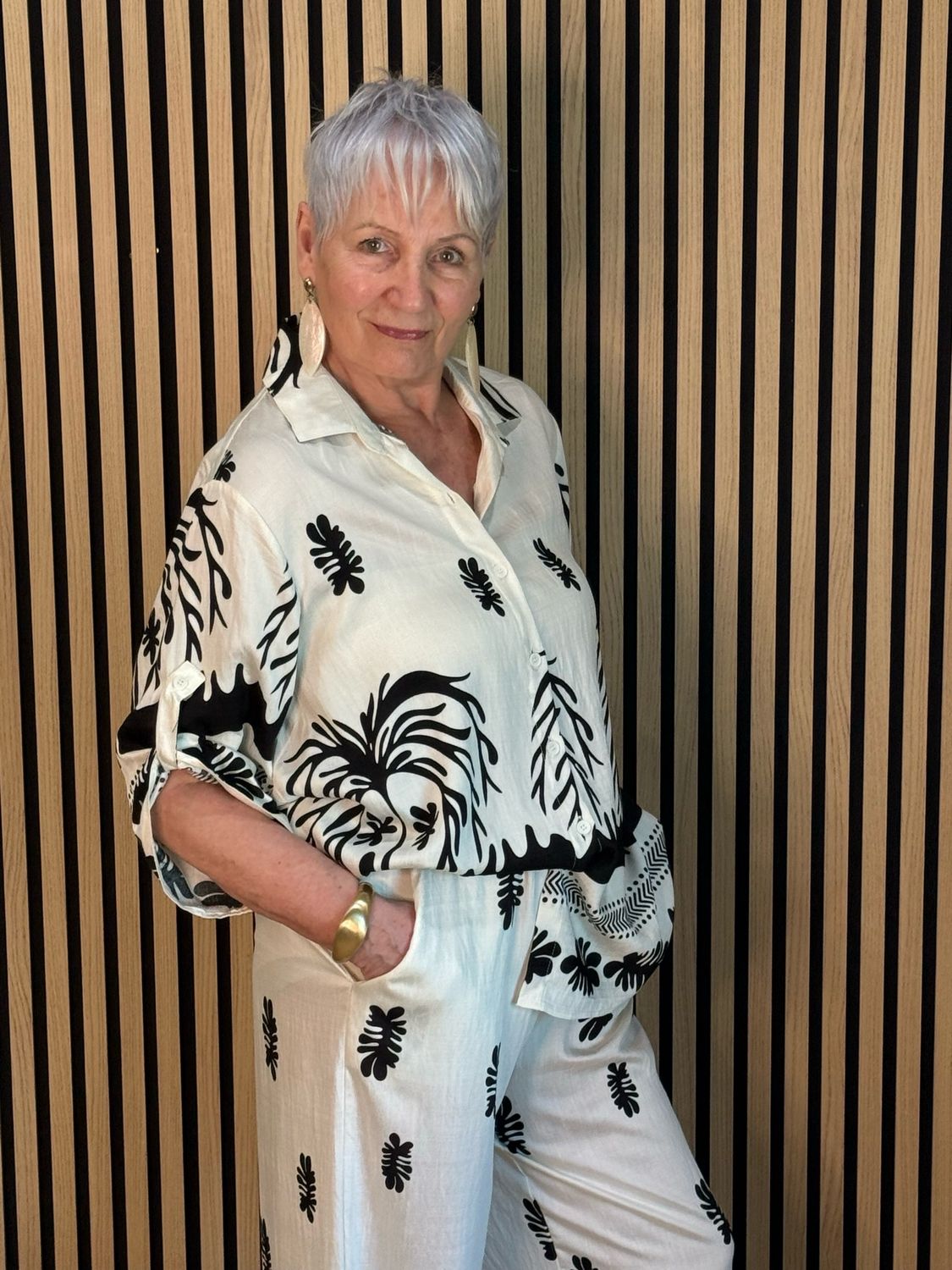 Monochrome Botanical Trouser Suit - Black/White