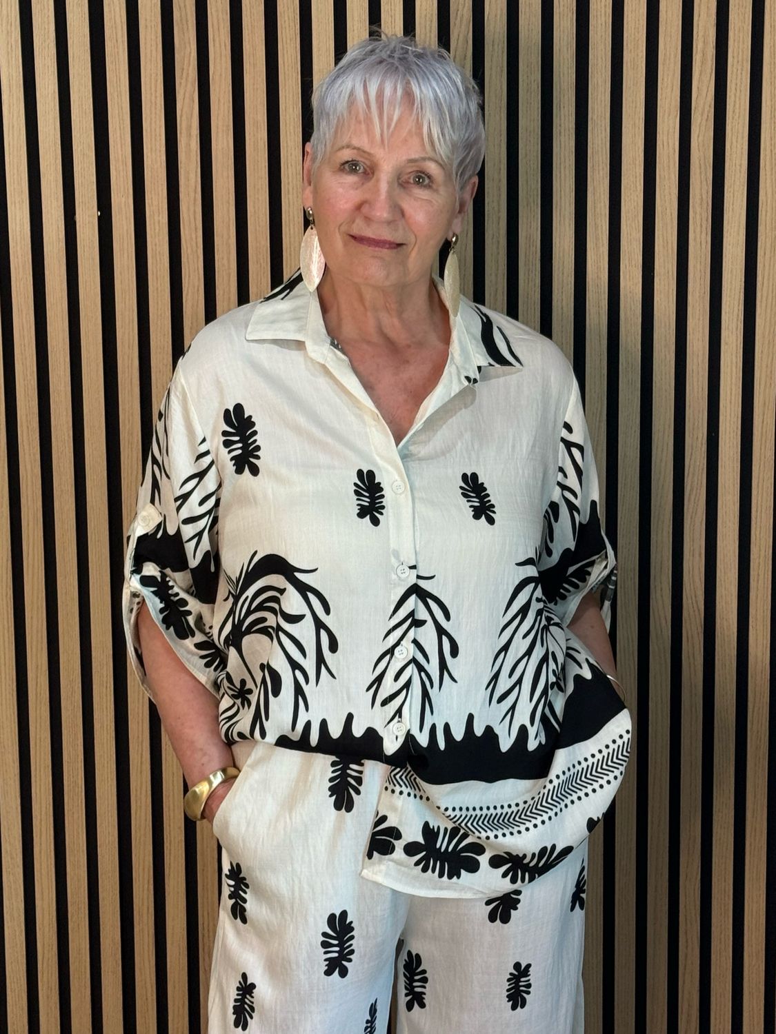 Monochrome Botanical Trouser Suit - Black/White