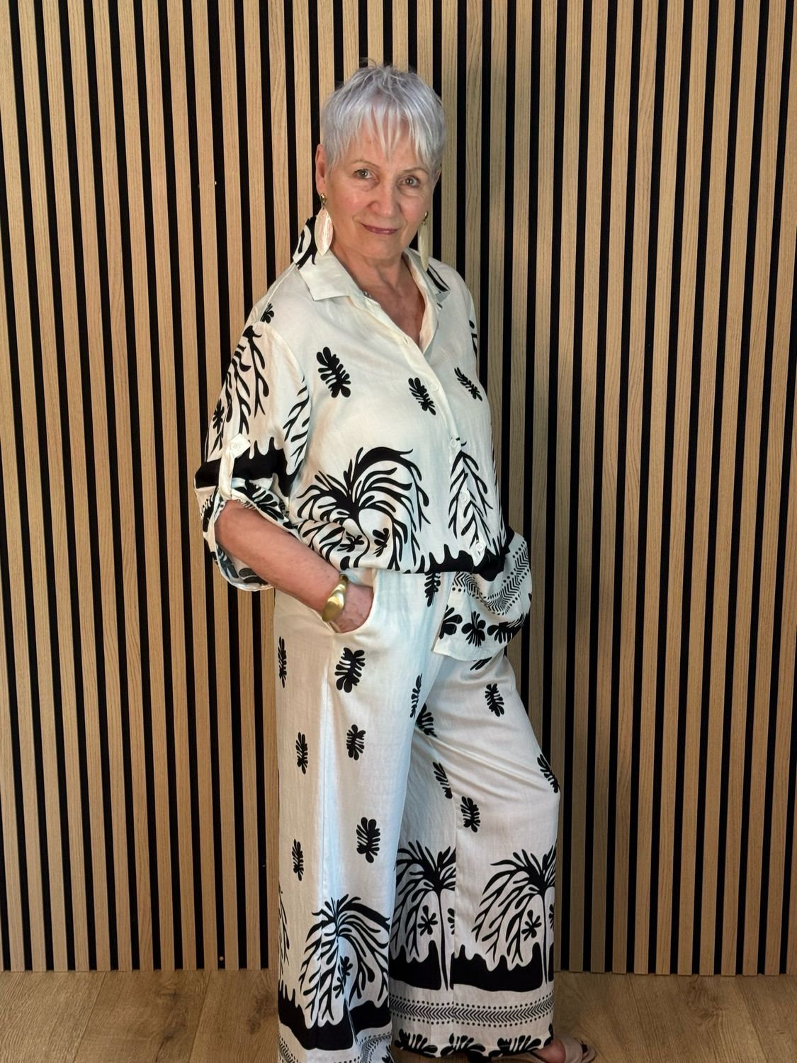 Monochrome Botanical Trouser Suit - Black/White