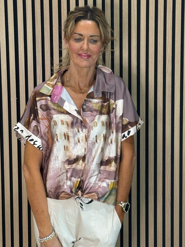 Abstract Print Tie-front Top - Plum