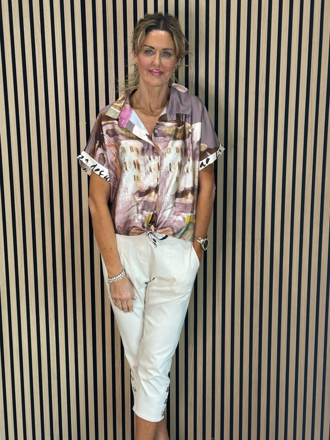 Abstract Print Tie-front Top - Plum