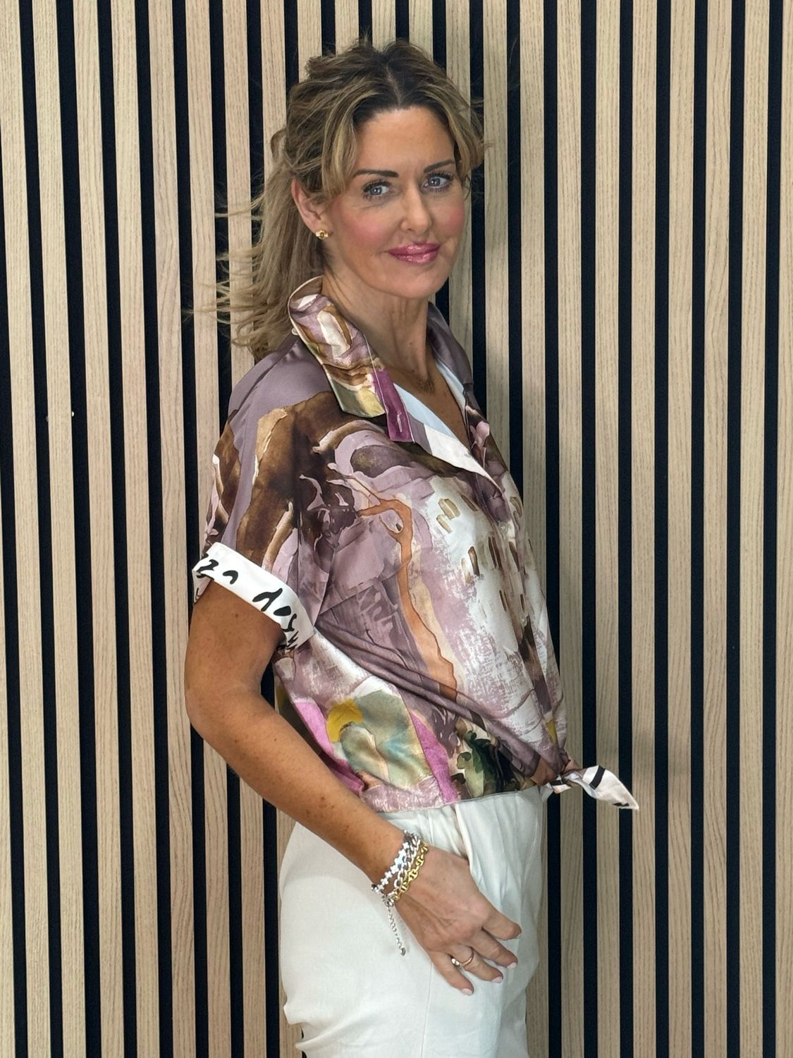 Abstract Print Tie-front Top - Plum