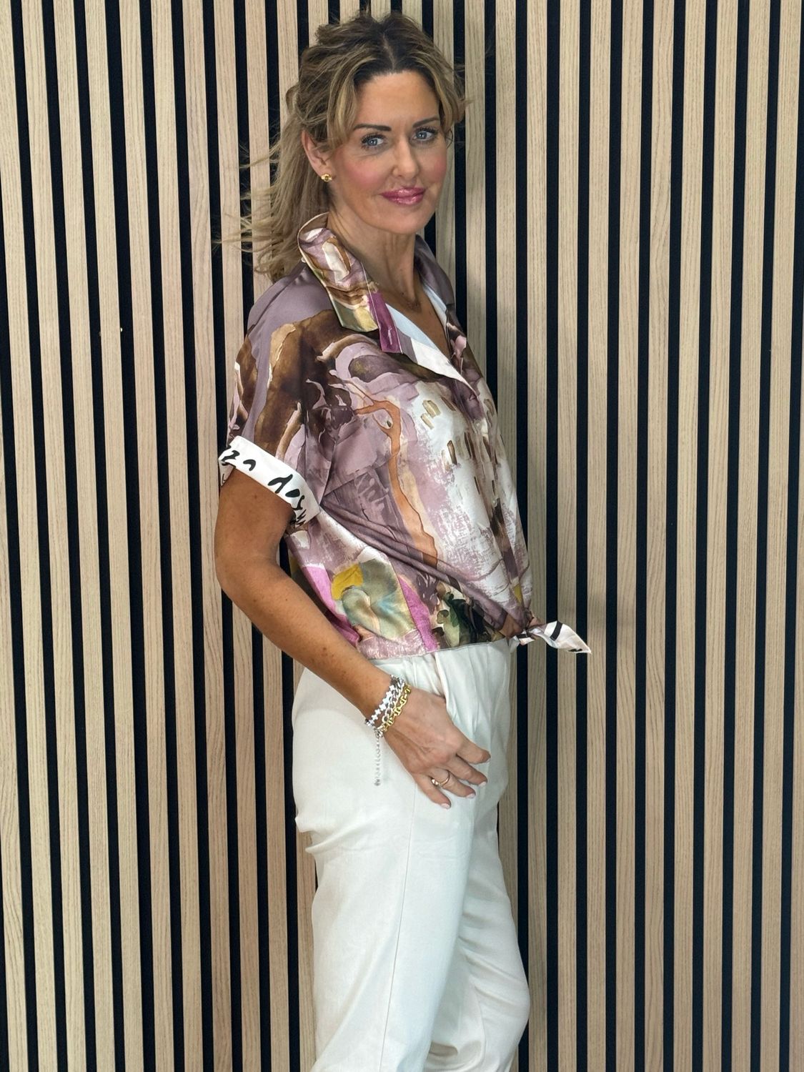 Abstract Print Tie-front Top - Plum