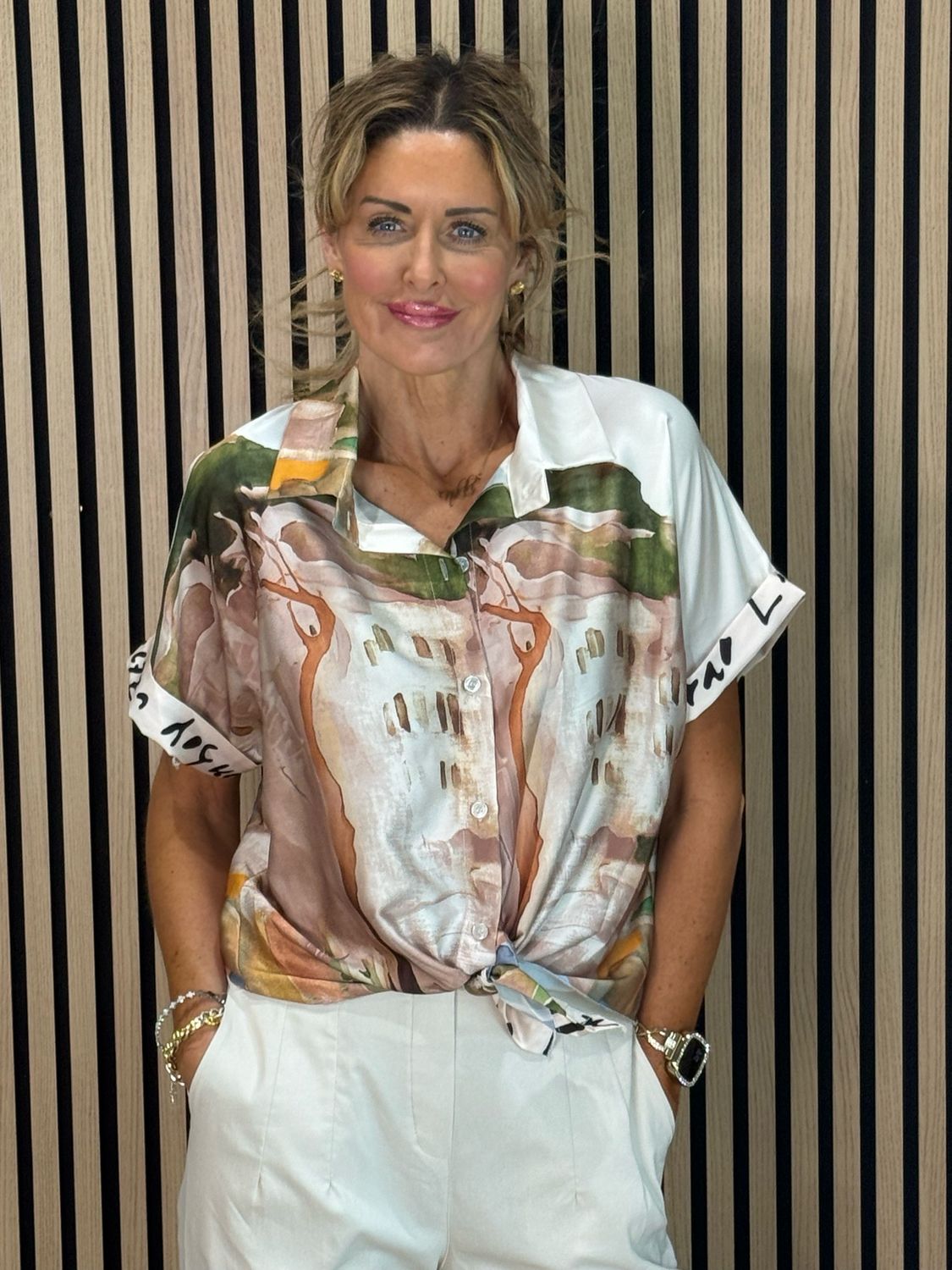 Abstract Print Tie-Front Top - Cream