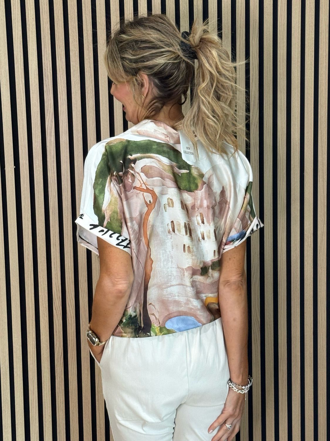 Abstract Print Tie-Front Top - Cream