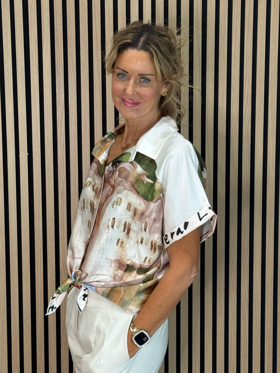 Abstract Print Tie-Front Top - Cream