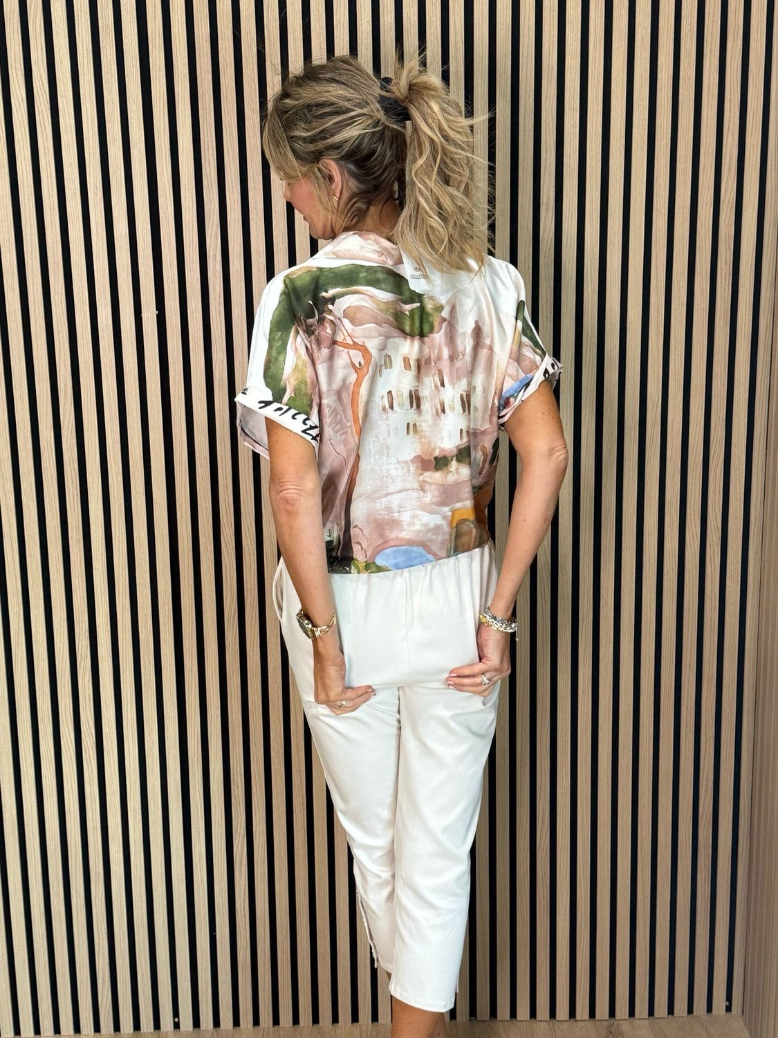 Abstract Print Tie-Front Top - Cream