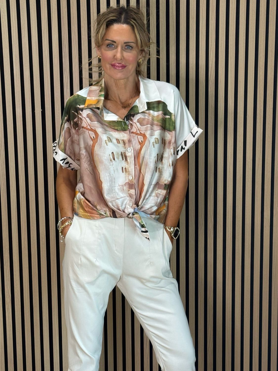 Abstract Print Tie-Front Top - Cream