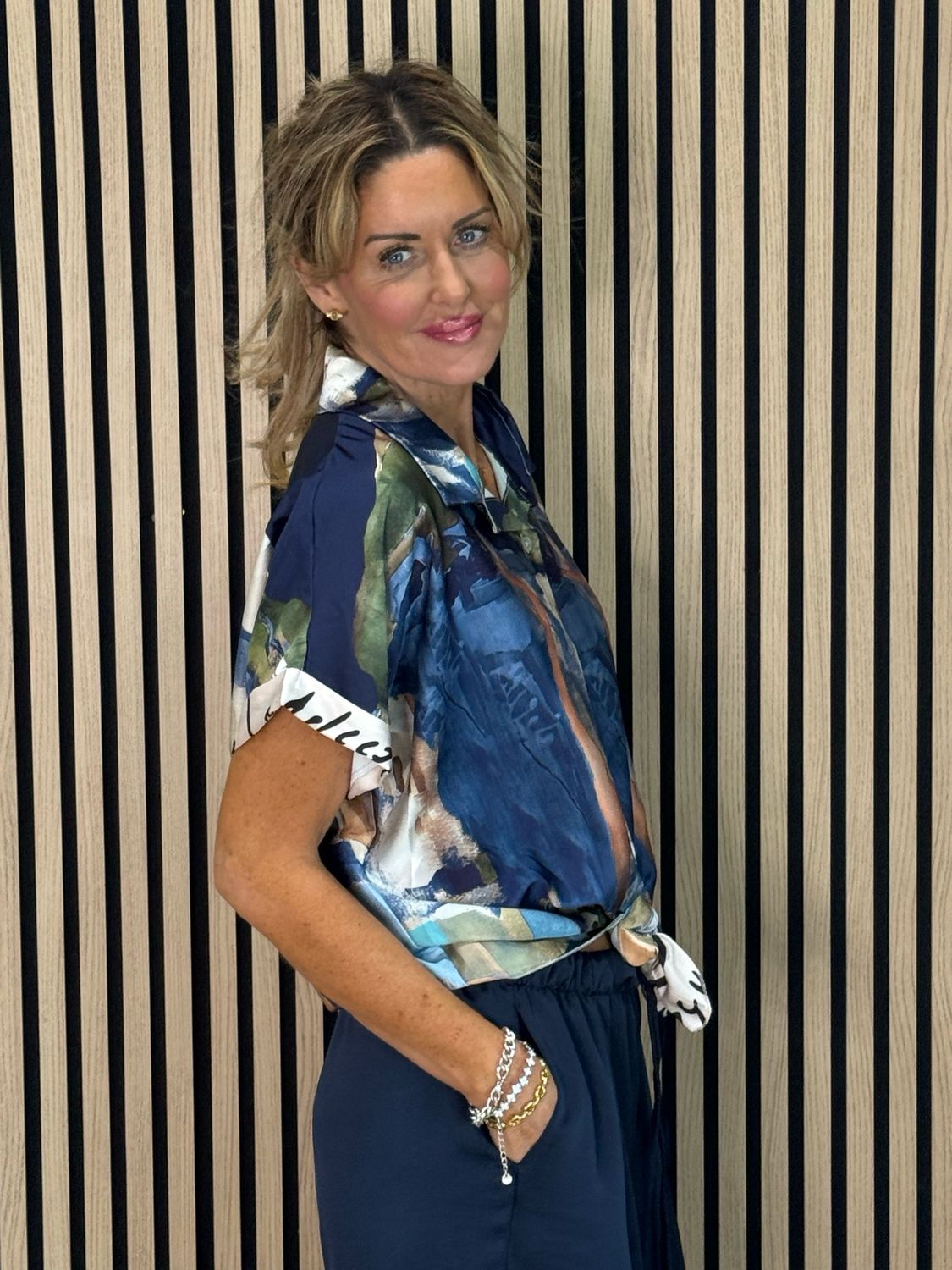 Abstract Print Tie-Front Top - Navy