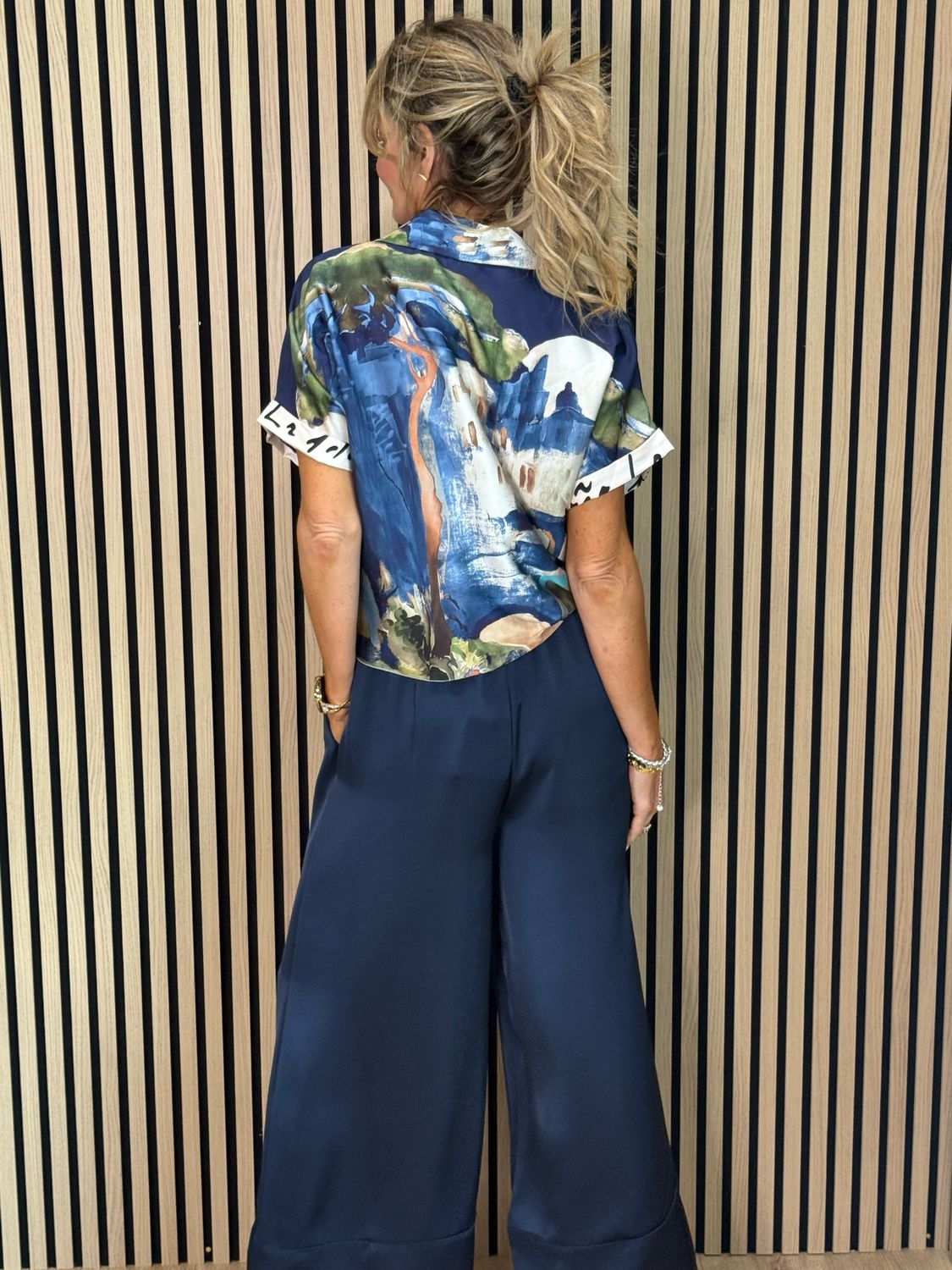 Abstract Print Tie-Front Top - Navy