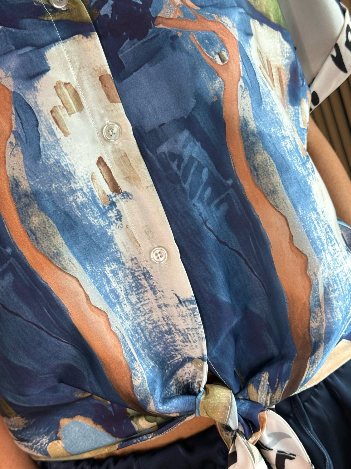 Abstract Print Tie-Front Top - Navy