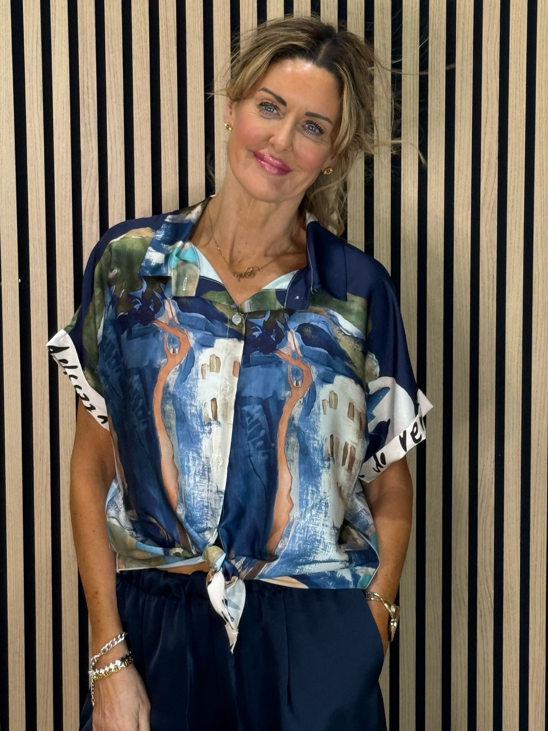 Abstract Print Tie-Front Top - Navy