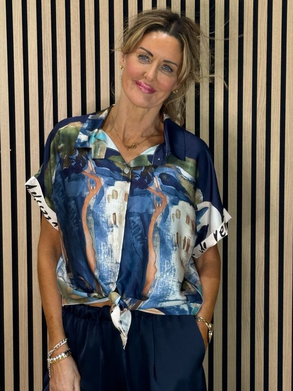 Abstract Print Tie-Front Top - Navy