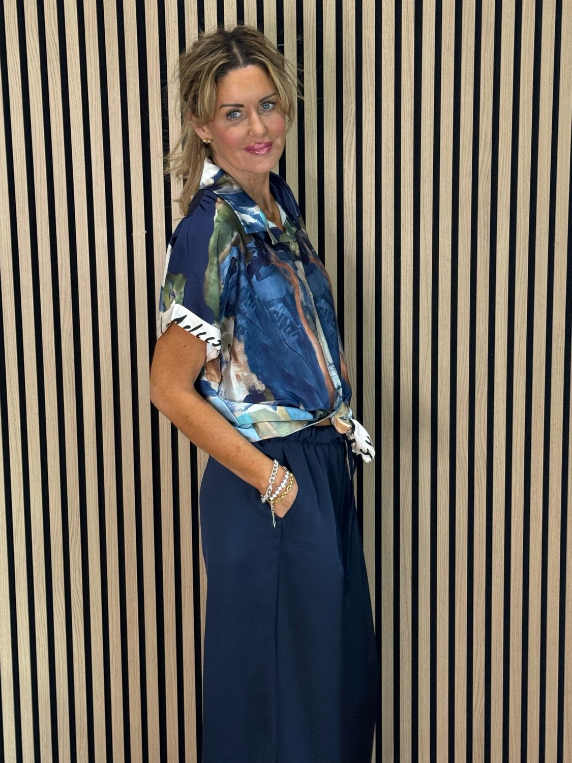 Abstract Print Tie-Front Top - Navy