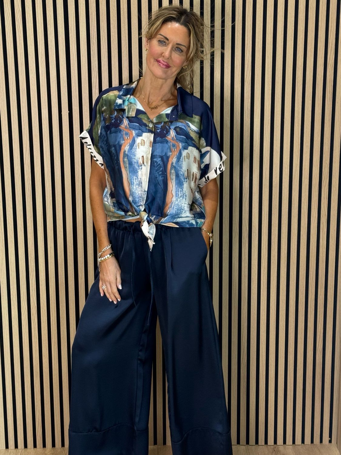 Abstract Print Tie-Front Top - Navy