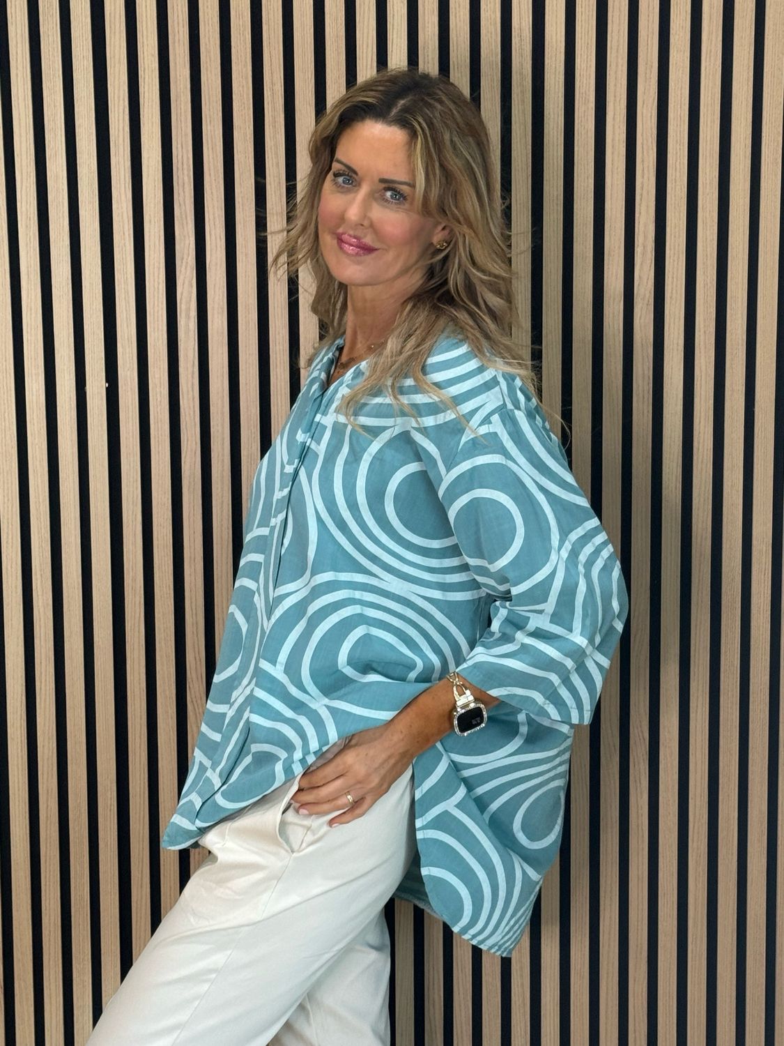 Geometric Print Cotton Top - Turquoise