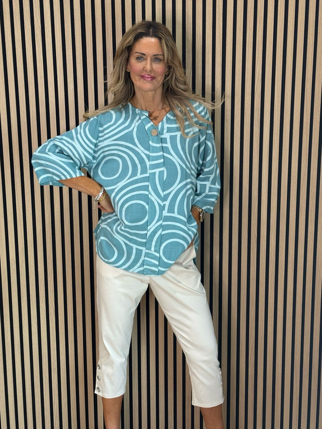 Geometric Print Cotton Top - Turquoise