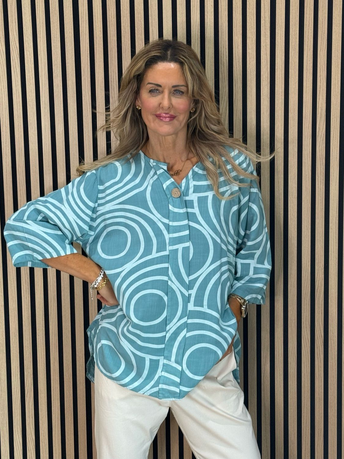 Geometric Print Cotton Top - Turquoise