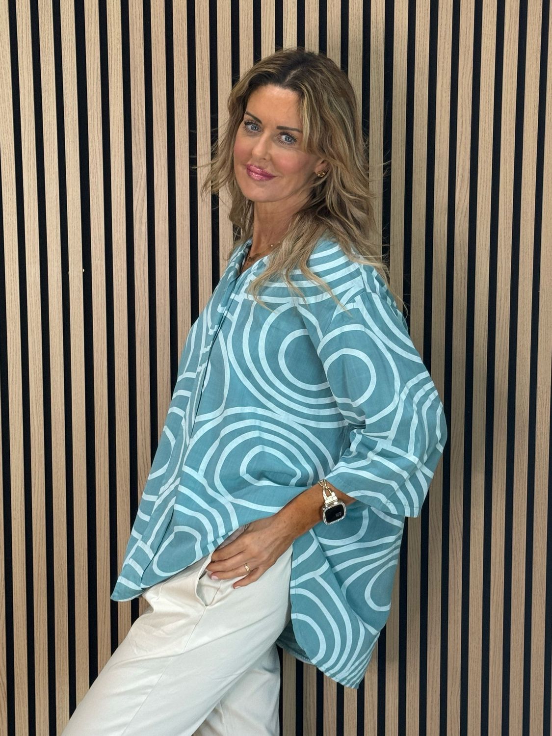 Geometric Print Cotton Top - Turquoise