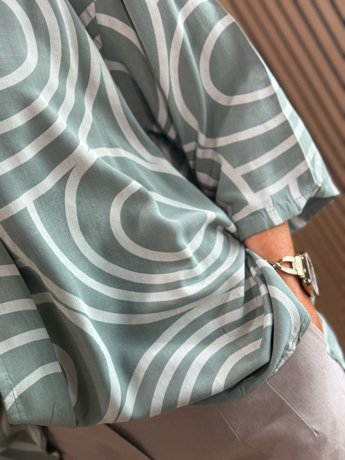 Geometric Print Cotton Top - Khaki