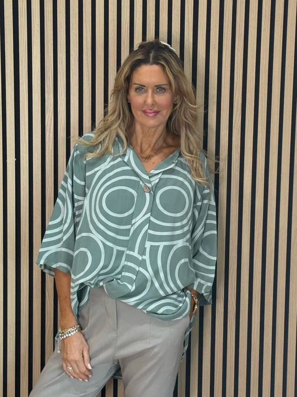 Geometric Print Cotton Top - Khaki