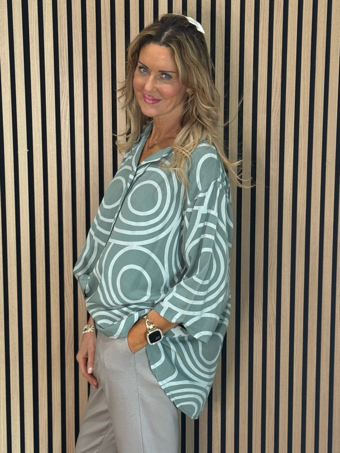 Geometric Print Cotton Top - Khaki