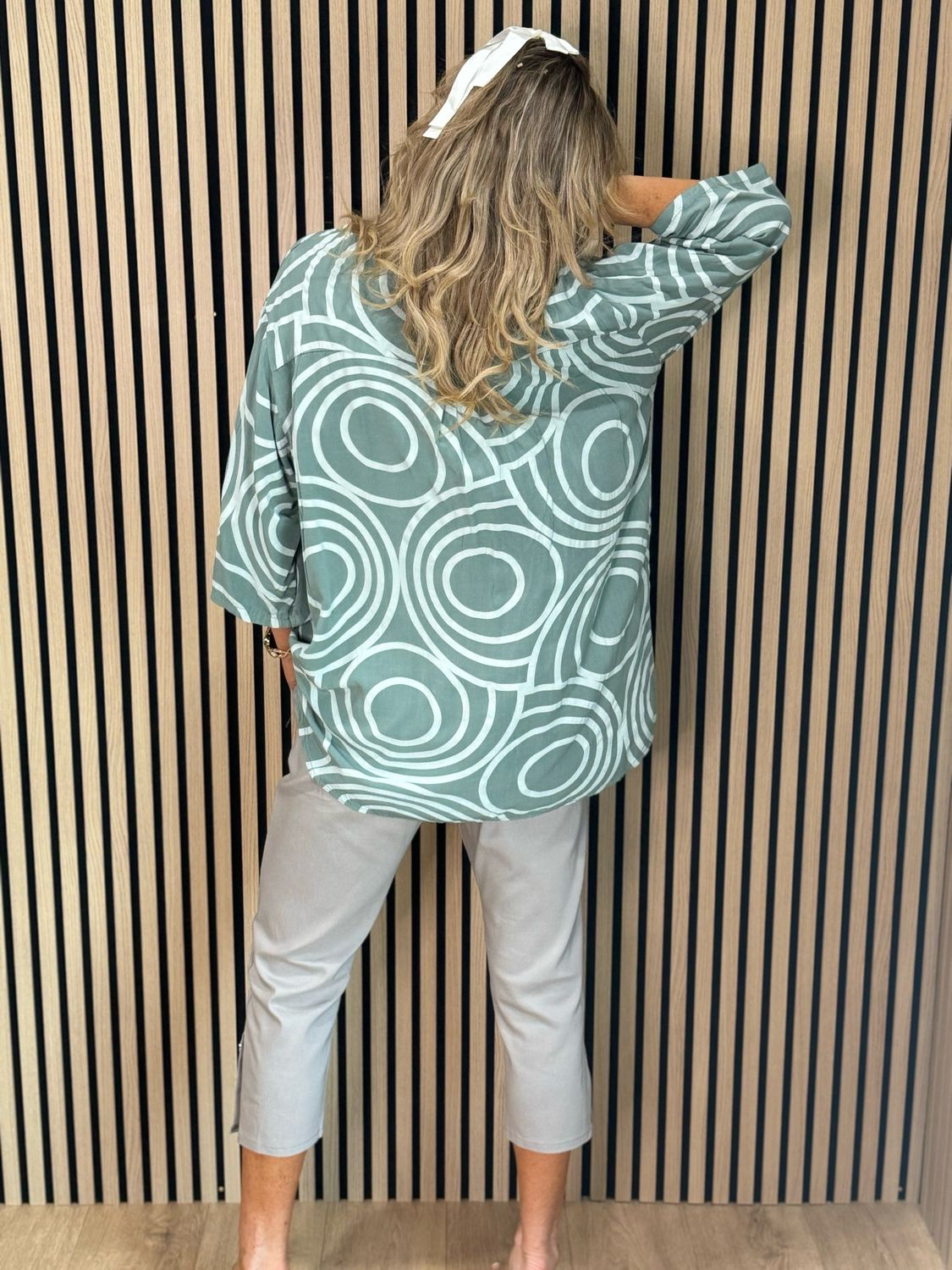 Geometric Print Cotton Top - Khaki