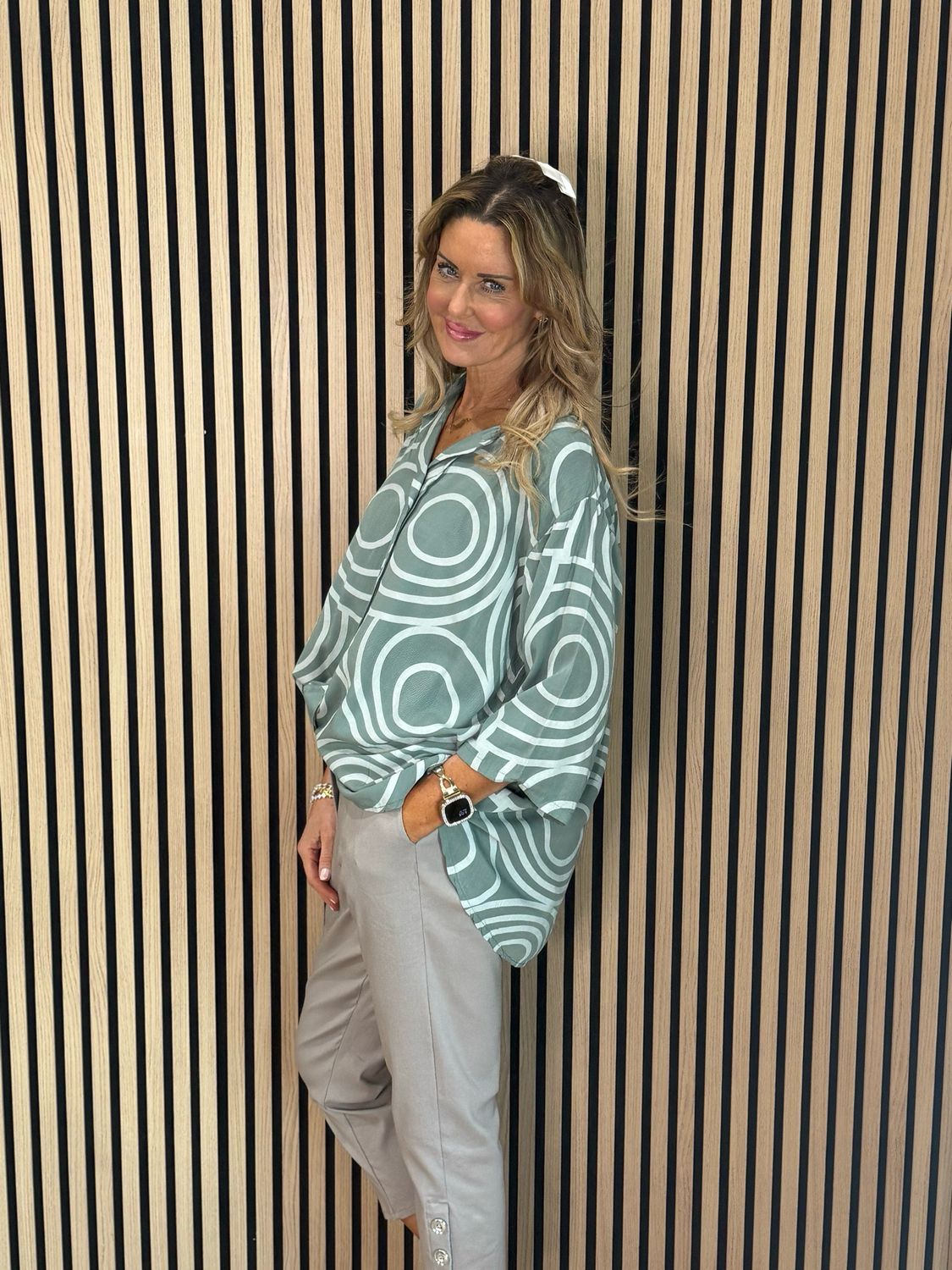 Geometric Print Cotton Top - Khaki