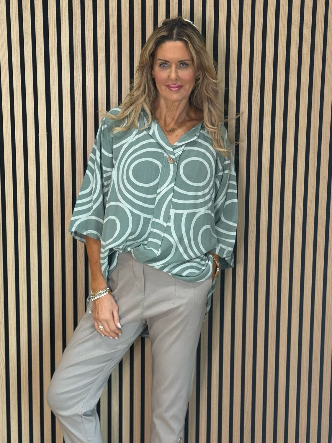 Geometric Print Cotton Top - Khaki