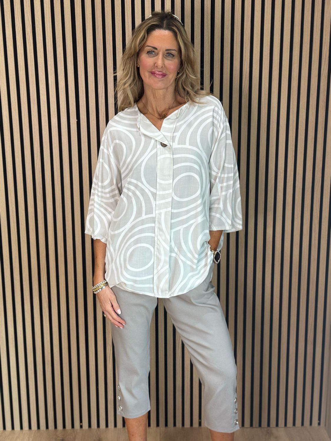 Geometric Print Cotton Top - Stone