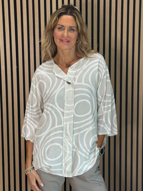 Geometric Print Cotton Top - Stone