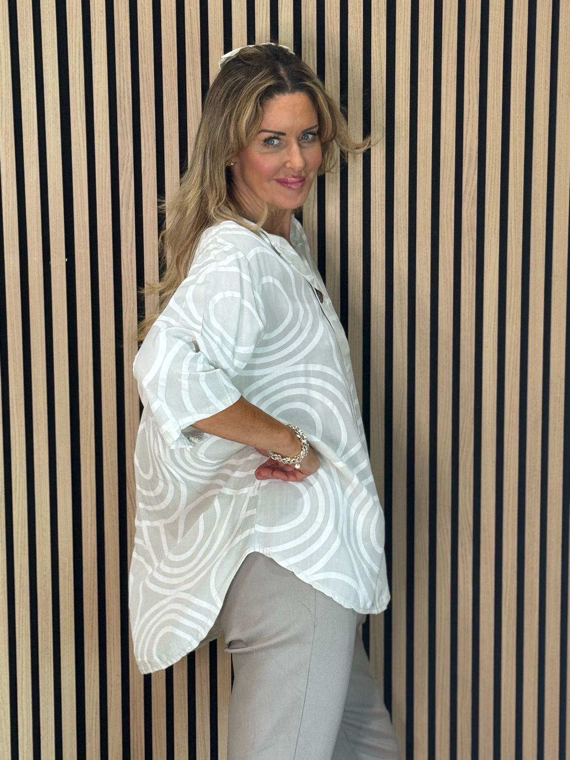 Geometric Print Cotton Top - Stone